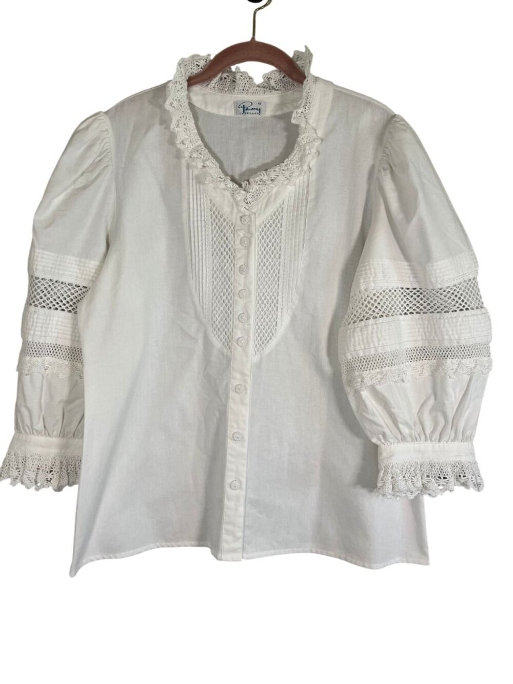 Vintage Victorian Crochet Lace Shirt M Folk Peasant Eyelet Pintuck Romantic Chic